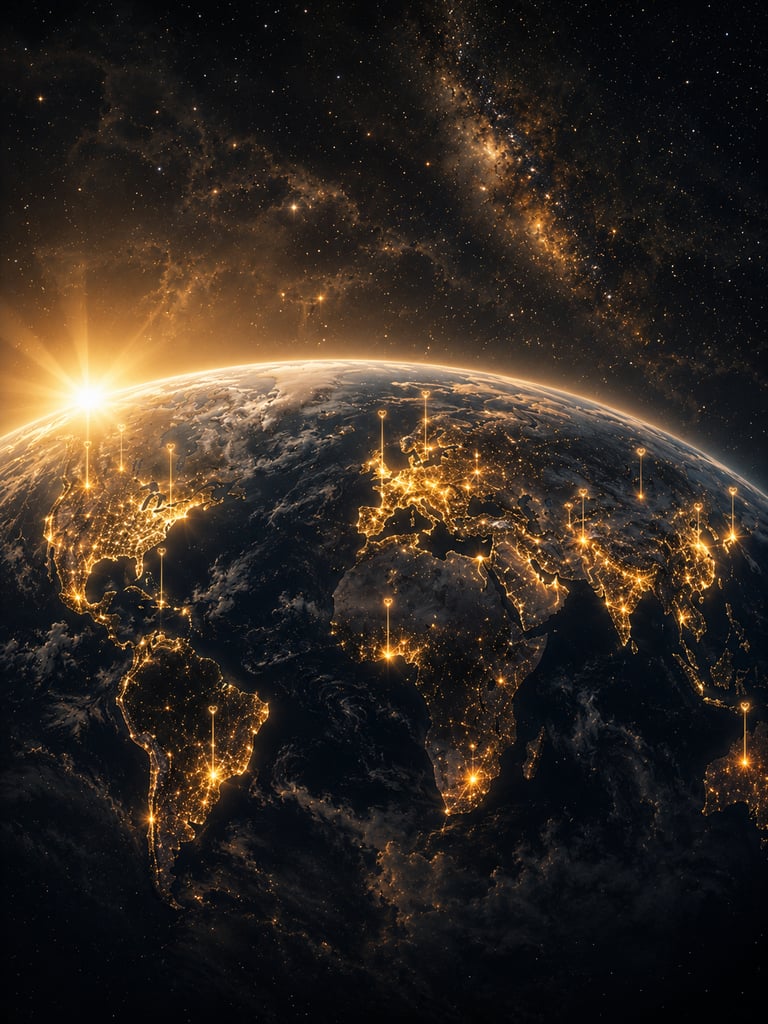 Earth with glowing transformation points across continents