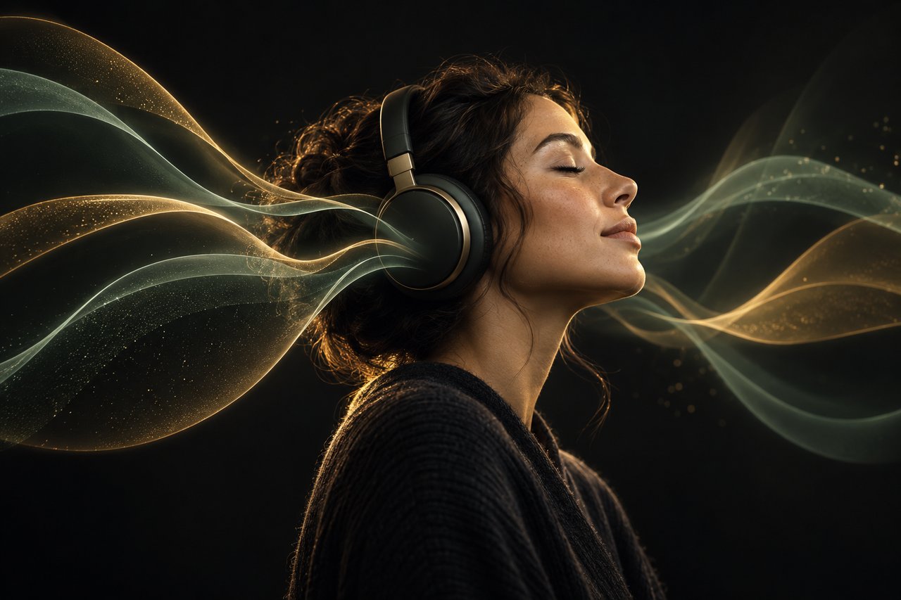 A listener wearing headphones, surrounded by flowing gold and sage sound waves.