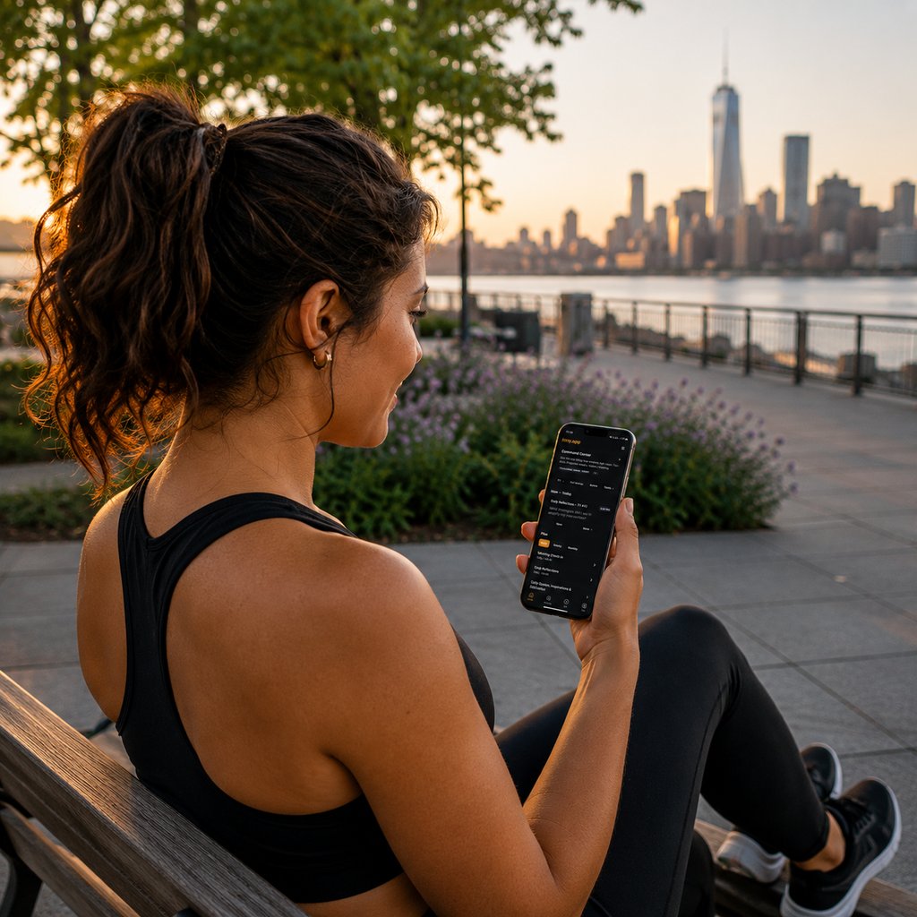Woman using the Command-Center on her phone outdoors at golden hour